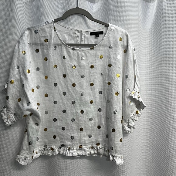 100% Tops - For Cynthia 100% Linen White Cropped Boxy Top Silver & Gold Polka Dot Medium
